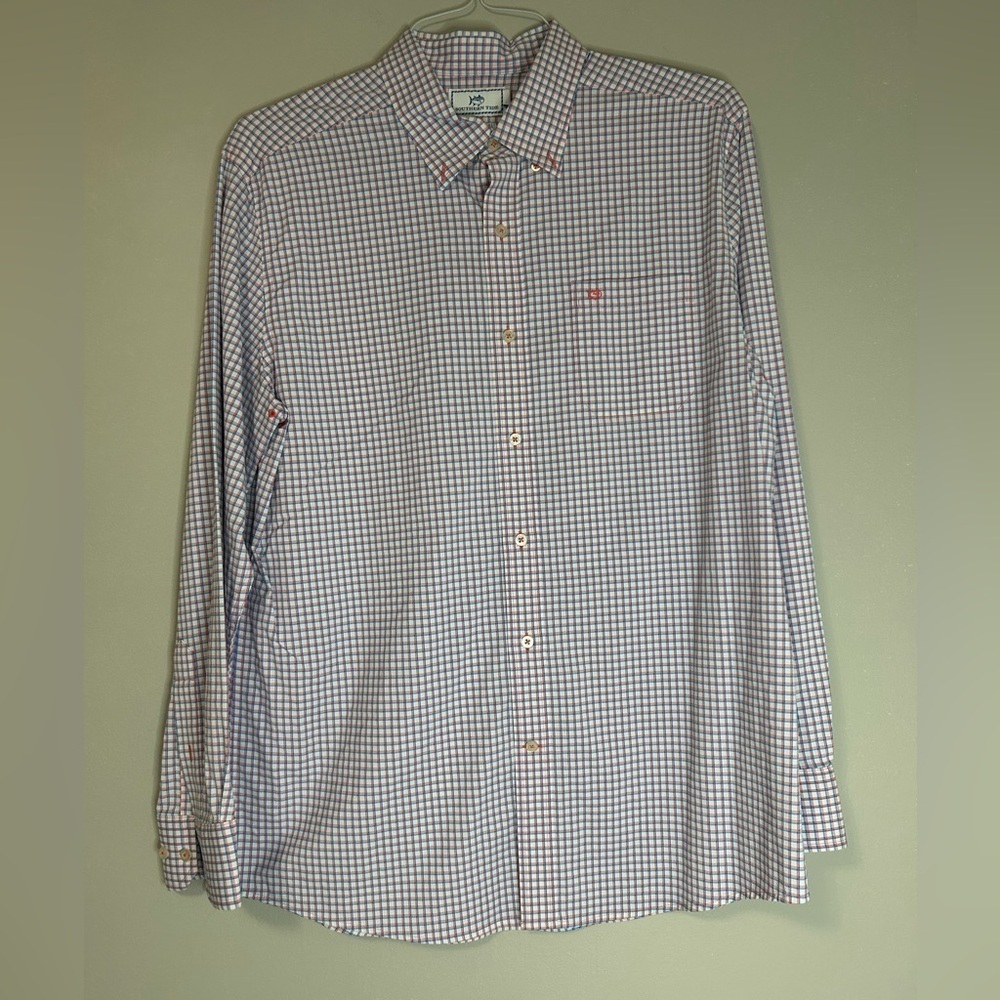 Southern Tide Blue and Red Casual Button Down Shirt, Size L